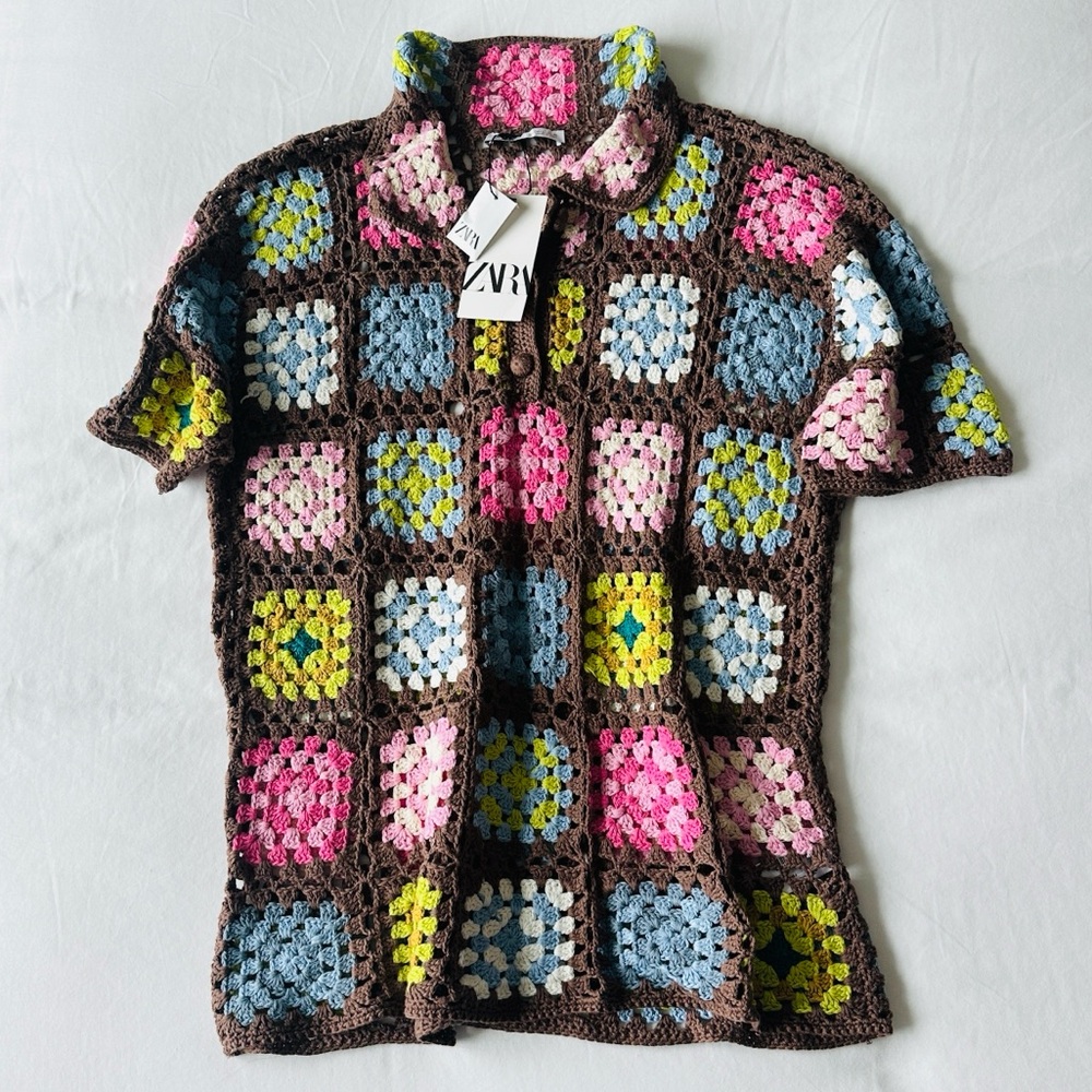 Brand New w Tags! ZARA Multicolored Crochet Knit Polo Sweater Size L - Picture 2 of 4